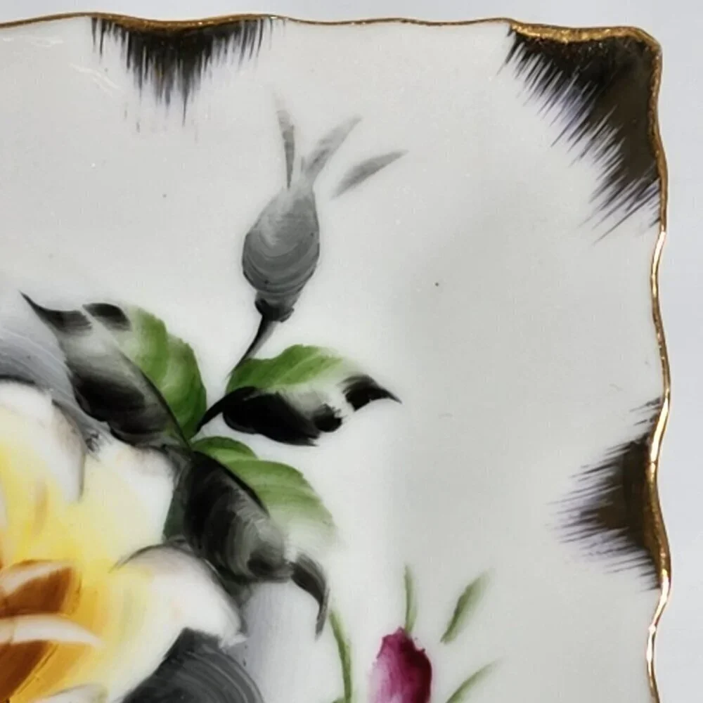 Lefton China Hand Painted Square Dish With Yellow Rose Design Gold Trim Vintage